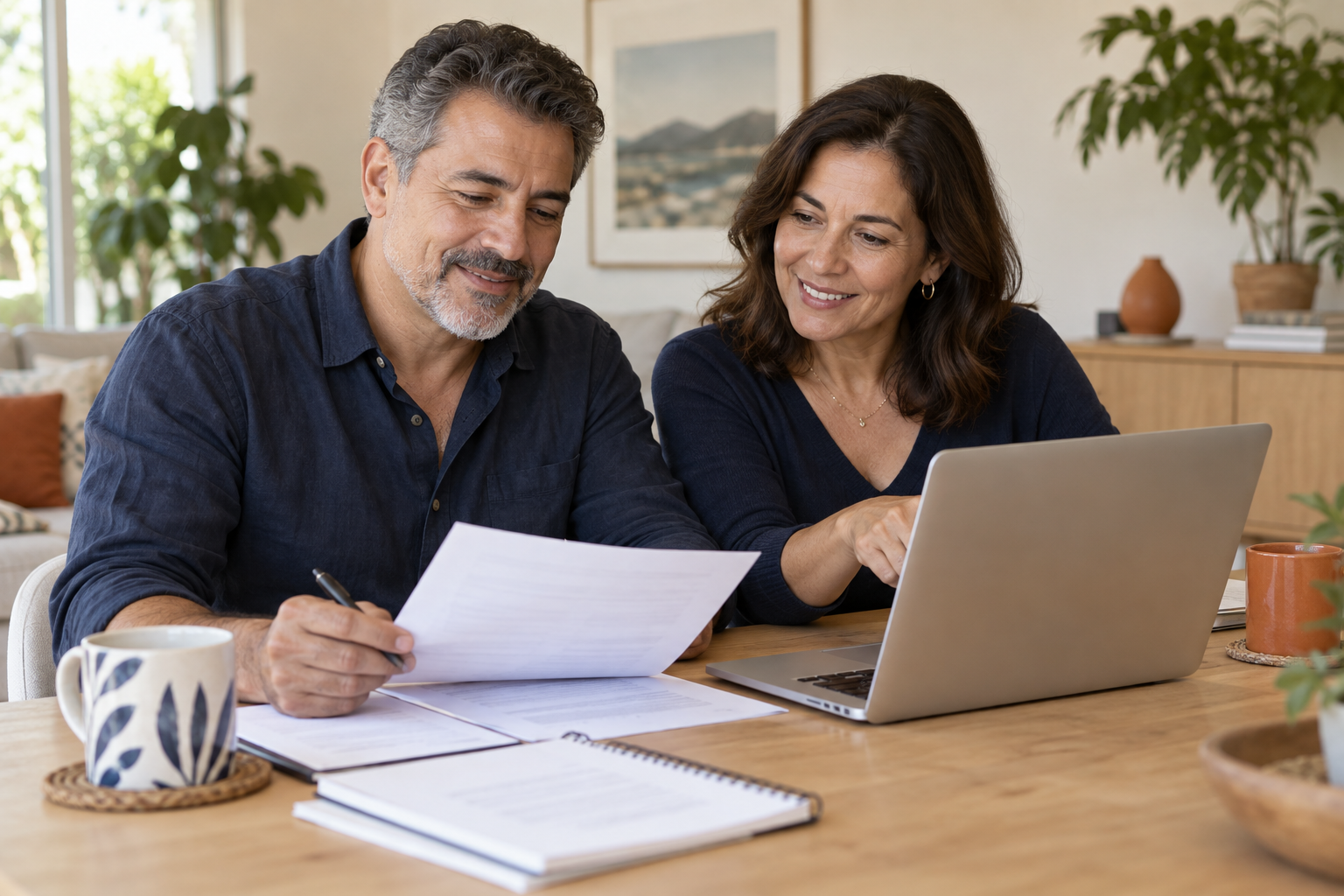 Casal organiza documentos e consulta um computador em casa.